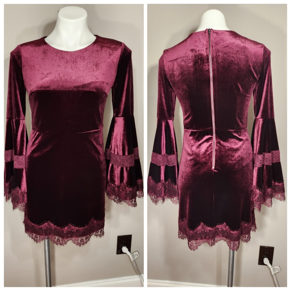 Aqua Velvet Lace Bell Sleeve Mini Dress Velvet